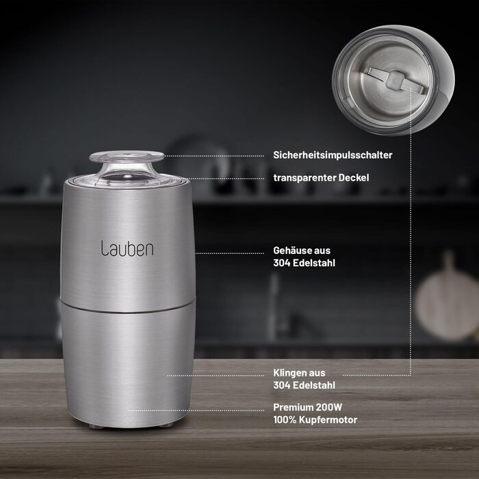 Електрична кавомолка Lauben Grinder 200ST: нержавіюча сталь, 200 Вт, для кави та спецій, з функцією ударного подрібнення, об'єм 50 г
