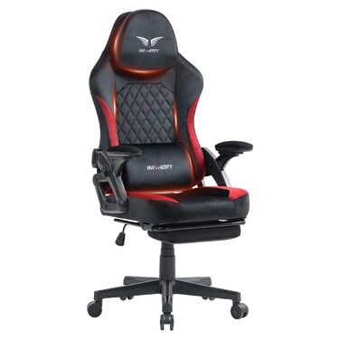 Геймерське крісло Racing Ergonomic з регульованою подушкою для голови та підставкою для ніг, тканинна оббивка, чорно-червоне
