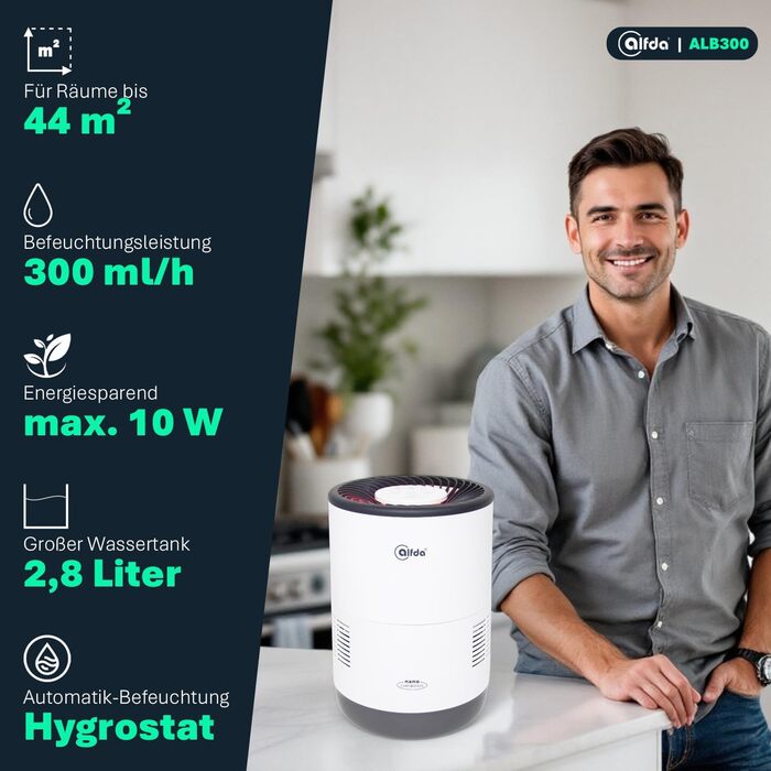 Зволожувач повітря ALB300 – тихий, для спальні та дитячої кімнати до 44 м², холодним випаровуванням, з антибактеріальним фільтром, авторежим з датчиком, нічник, бак 2,8 л, енергозберігаючий