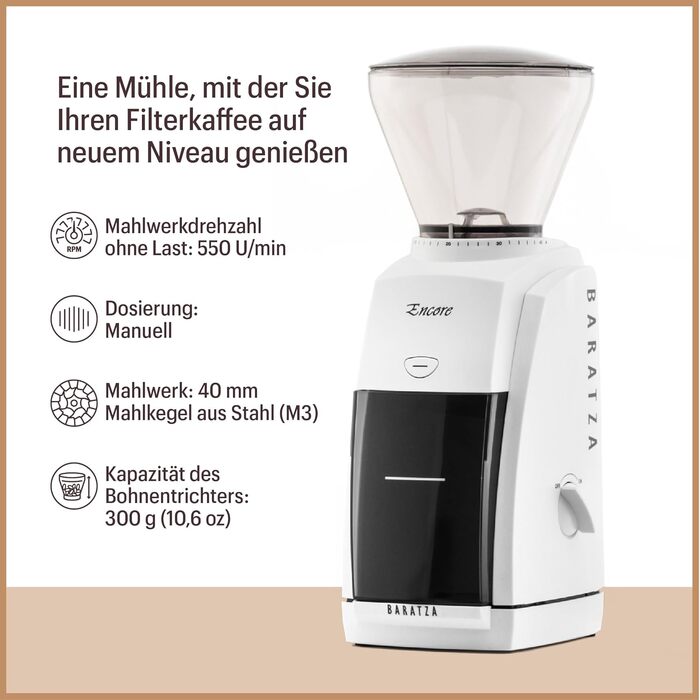 Кавомолка Baratza Encore 230V - електрична кавомолка з конічним жорном, 40 ступенів помолу, аксесуари для бариста, біла