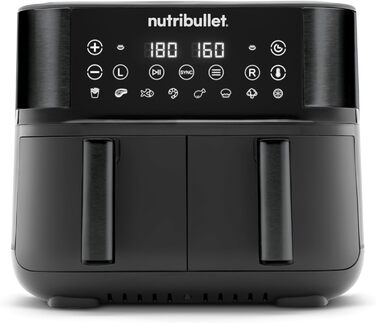 Nutribullet Double Drawer Air Fryer 8L with a wide selection of cooking modes, digital LED touchscreen, 8 programs, preheat & keep warm, grill, no oil, 2850 W, Black, NBA081B