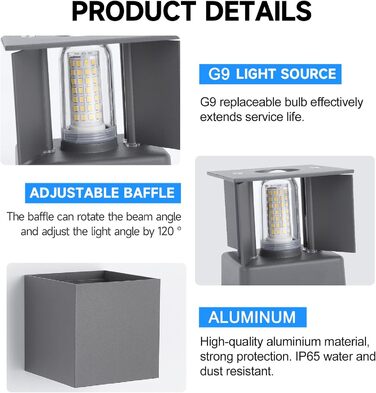 LED настінний світильник FUPE 15W для внутрішнього та зовнішнього використання. Регульований кут світла, 3 кольори, IP65, вологостійкий, алюміній, квадратний, чорний. Комплект 1
