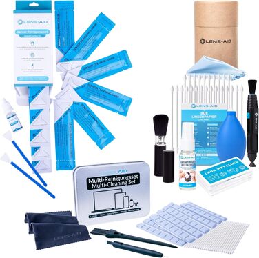 Набір для чищення камери LENS-AID 8-в-1: для об'єктивів, камер повного формату та APS-C. З рідким очищувачем, мікрофіброю, стайками, серветками, стиком, повітряним насосом та іншим.
