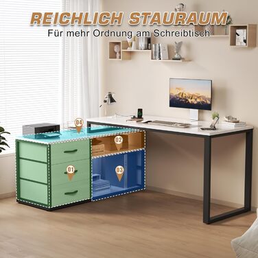 TRIUMPHKEY L-Shaped Desk with 3 Drawers & Storage - Reversible Corner Desk with USB Charging Ports & Outlets - White & Grey (140 x 105 x 75 cm)