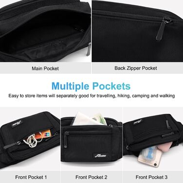 Чоловіча/жіноча поясна сумка-бананка з дощовиком, велика, з нейлону, 5 відділень на блискавці, для туризму, спорту, прогулянок з собакою (Чорна)