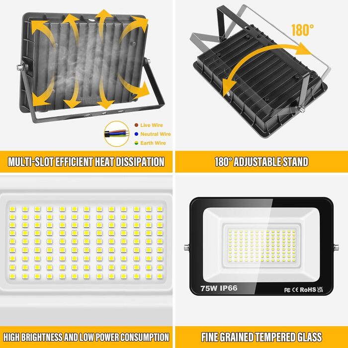 RIGIDON 2x 75W LED Floodlights Outdoor, 7500LM Outdoor Floodlight, 6000K Cool White IP66 Waterproof LED Floodlight, Outdoor Lamp for Garden, Courtyards, Garage, Hotel, Sports Field, Workshop