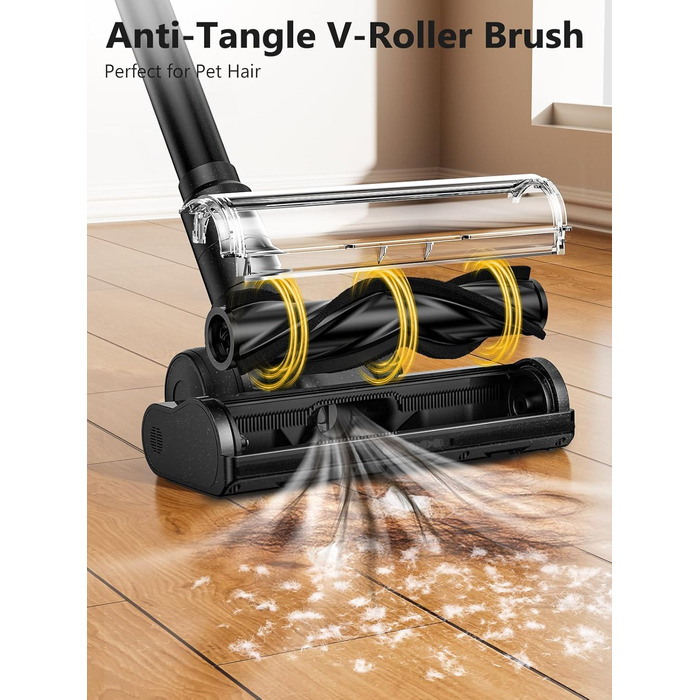 Бездротовий акумуляторний пилосос 48KPa/500W/55хв з док-станцією, LED-дисплеєм та антизаплутаною насадкою для тварин, килимів, твердих поверхонь та авто, глибокий чорний колір