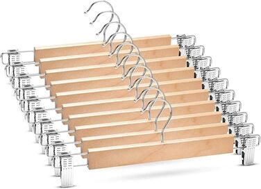 10 дерев'яних вішалок для одягу 35 см, міцні вішалки для штанів, з поворотним гачком 360°, металеві вішалки для одягу, економія місця, з антиковзними кліпсами для штанів, шкарпеток, спідниць (колір дерева)