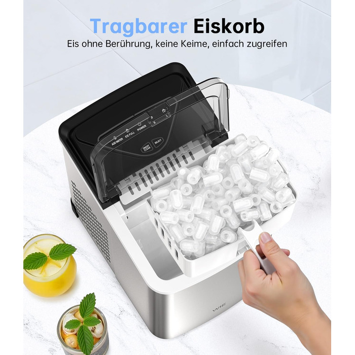 Машина для приготування льоду WIE 1.3L, 9 кубиків за 6 хвилин, тиха, самоочисна, для кухні, офісу, бару, вечірки (срібляста)