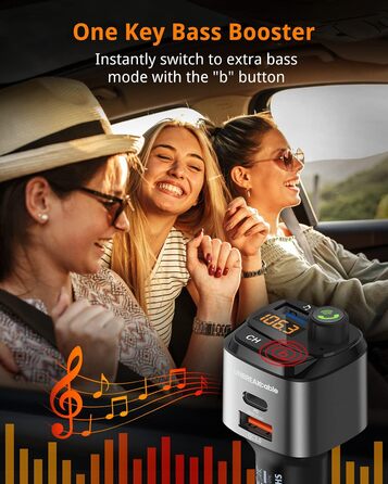 Bluetooth FM-трансмітер UNBREAKcable для авто, адаптер з зарядкою PD3.0 і QC3.0, підсилювач басів, гучний зв'язок, підтримка Siri та Google Assistant