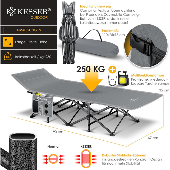 Кемпінгове ліжко KESSER® розкладне, металеве, 190 см, сіре, з сумкою та ліхтарем