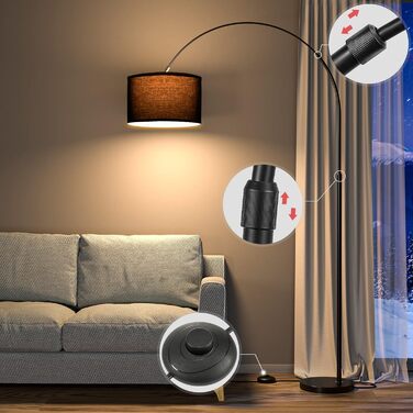 Торшер для вітальні JASMIN I з LED E27, чорний абажур 33 см, з вимикачем на нозі, торшер-арка, вінтажний стиль, підходить для спальні, готелю