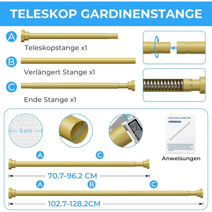 Штанга для карниза без свердління 113-196 см, телескопічна, для душу, штор, ванної кімнати, вікна, кухні, шафи, золота