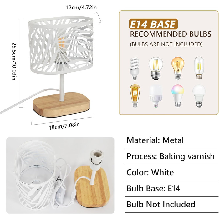 Настільна лампа з дерева, вінтажна модель E14, настільна лампа з дерев'яним цоколем та металевим абажуром, для дитячої кімнати, вітальні, спальні, бару (біла)