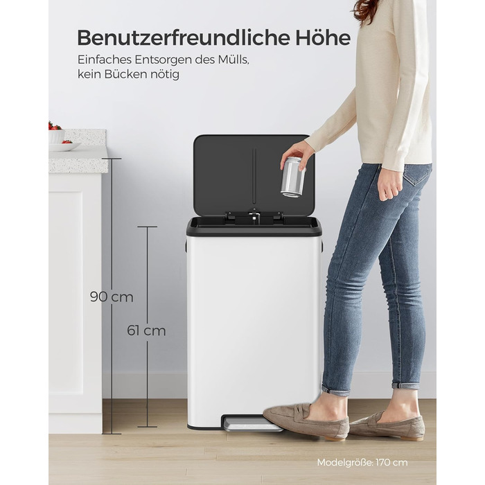 SONGMICS Відро для сміття кухонне, 40 літрів, з кришкою, з педаллю, Softclose, утримання кришки, біле LTB541E40