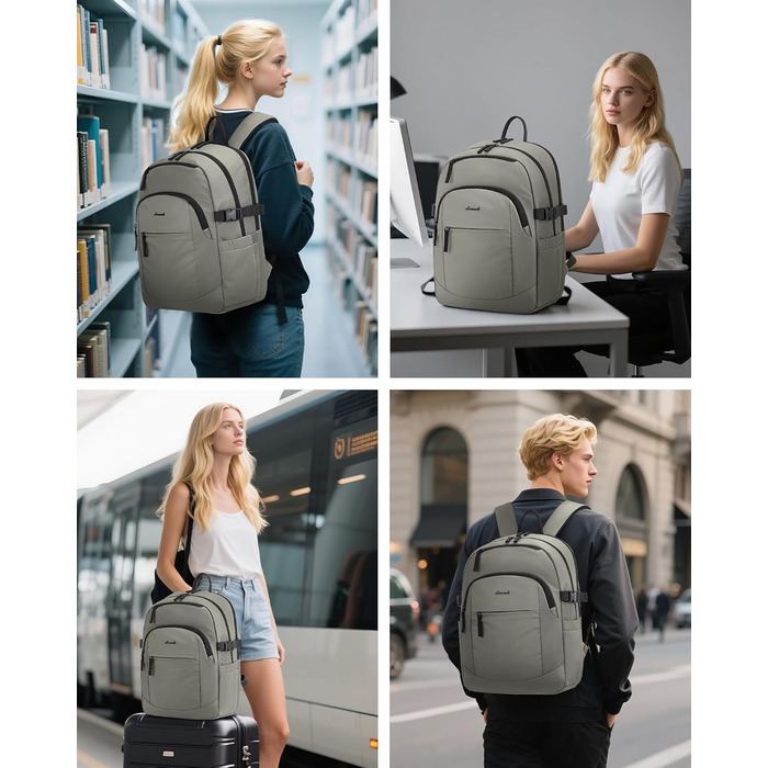 Рюкзак LOVEVOOK для ноутбука 15.6 дюймів (17.3 дюймів), водонепроникний, для жінок та чоловіків, на кожен день, для роботи, навчання, подорожей (сірий, зелений)