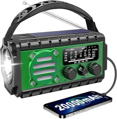Сонячне радіо Kurbelradio з Powerbank 20000 mAh, AM/FM/SW/WB, Радіо погоди, 4 джерела живлення, ліхтарик, USB-C зарядний пристрій, SOS-сигнал, водонепроникність IPX6 для відпочинку на природі, кемпінгу, будівельних майданчиків (зелене)