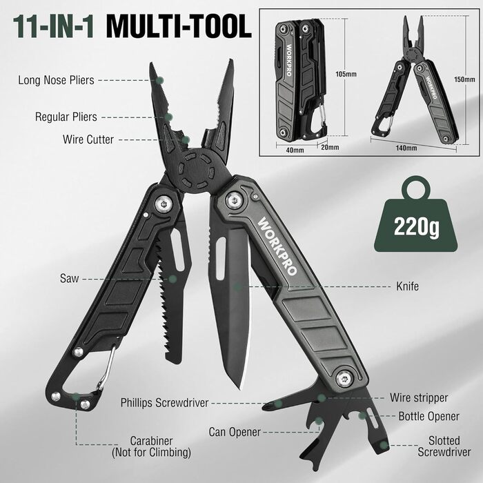 WORKPRO Мультитул 11-в-1: мультиінструмент з нержавіючої сталі з карабіном, плоскогубцями, кабелерізом, відкривачкою для пляшок, викрутками для відпочинку на природі. У комплекті чохол.