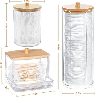 Набір з 3 ватпадносховища, контейнер для ватних паличок – практичне зберігання ватних дисків та паличок у ванній кімнаті. З бамбуковим кришками, економія місця та захист від пилу.