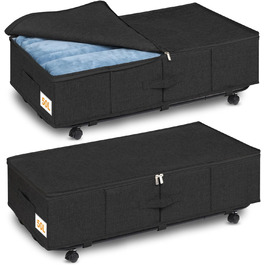 Підліжкова комода на колесах 50л, 2 шт. Складна підліжкова комода з кришкою та блискавкою, велика підліжкова система зберігання на колесах чорного кольору з металевою основою для одягу, ковдр, постільної білизни