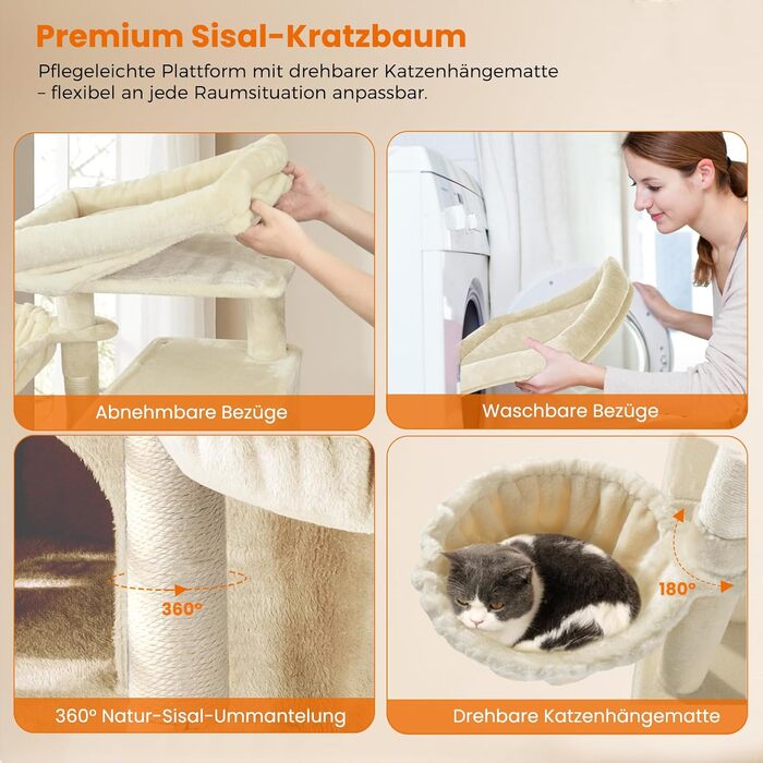 Котячий будиночок з дряпалкою, великі платформи, сизаль, пандус, будиночок для котів, м'ячі та щітка для котів, 95 см, бежевий