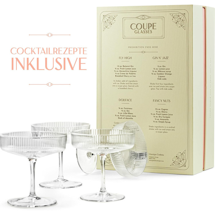 GLASSIQUE CADEAU Набір келихів Vintage Art Deco (4 шт., 200 мл) | Келихи для коктейлів, шампанського, еспресо мартіні, дайкірі | Скляні чаші з кристалу для Speakeasy