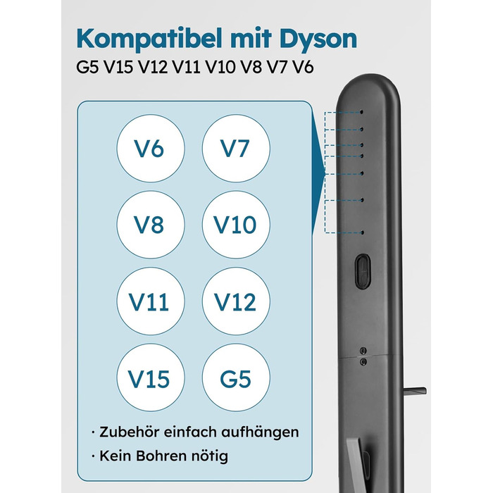 Підставка для пилососів Dyson G5, V15, V12, V11, V10, V8, V7, V6, металева з 4 гачками та 4 полицями, без свердління, стійка, підлогова, приховане кріплення кабелю, темно-сірий
