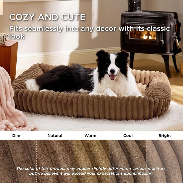 BEDSURE Fluffy Dog Bed - Medium-Sized Dogs - 76x61x20 cm Cord Fleece Dog Sofa Washable Dog Beds High Rim, (L 109 x W 76 x H 20 cm, Brown)