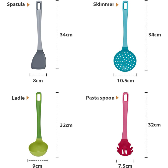 Kitchen Helper Set of 4 - (Turner, Ladle, Slotted Spoon, Spaghetti Spoon) kitchen utensils, plastic Turner, Ladle, Skimmer, Spaghetti Spoon, kitchen helpers
