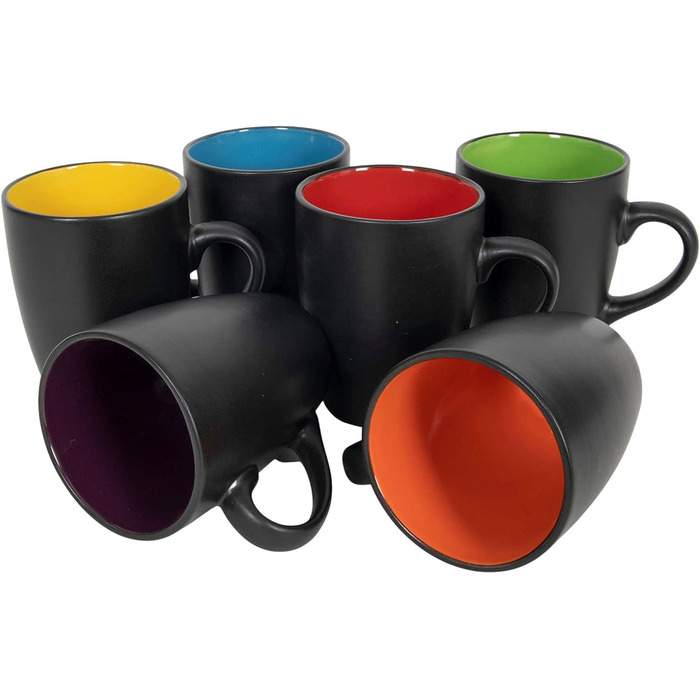 Набір келихів для кави 6 шт. 340 мл - чорний матовий/всередині кольоровий - з ручкою - чайний/кавовий з порцеляни, багато кольорів