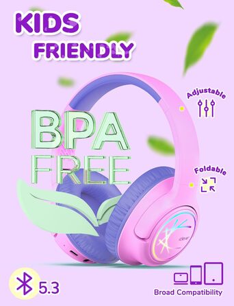 iClever Бездротові навушники для дітей з LED-підсвіткою, обмеження гучності 74/85 дБ, 43 години роботи, стереозвук, Type-C, AUX-кабель, Bluetooth 5.3, для планшетів/подорожей, рожево-фіолетові