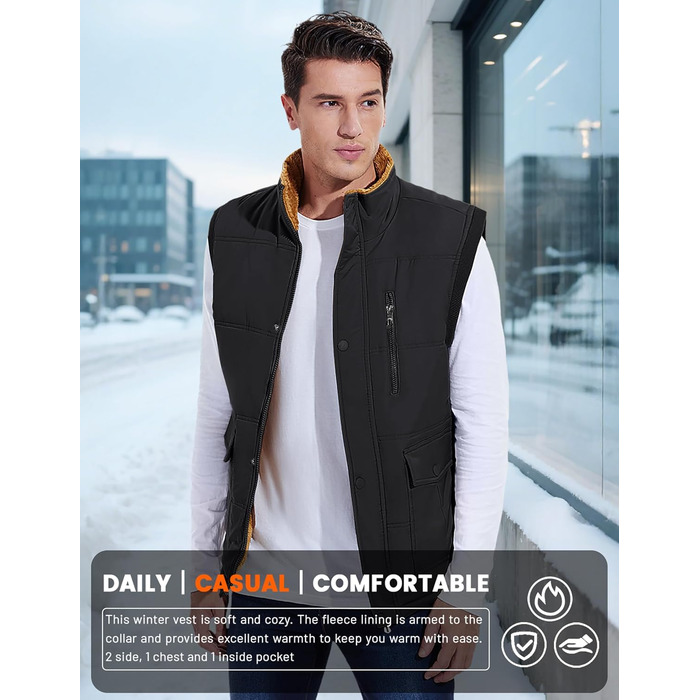 Чоловіча жилетка MAGCOMSEN з підкладкою, зимова, без рукавів, тепла флісова жилетка, для відпочинку, термо, перехідна жилетка з багатьма кишенями, чорна, XL