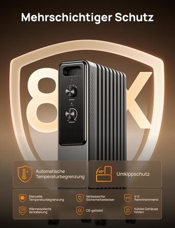 Електричний масляний радіатор Dreo з 9 ребрами, 2000W, тихий, з захистом від перегріву та перекидання, термостат, дитячий замок, енергозберігаючий