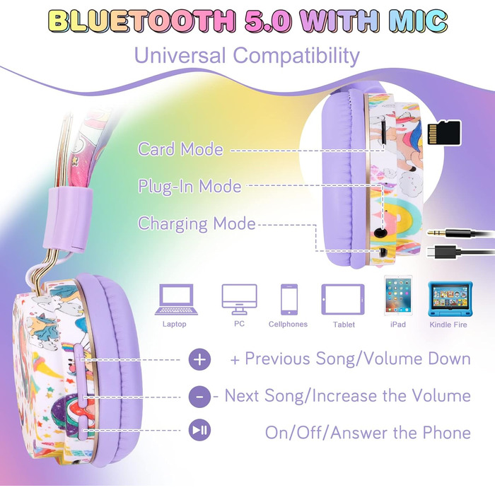 Дитячі навушники JYPS для школи та планшета (3-10 років), бездротові, з мікрофоном, фіолетові