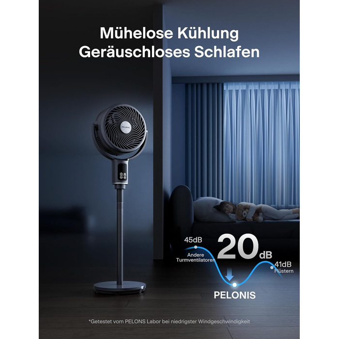 Вентилятор PELONIS з пультом керування: тихий, 9 швидкостей, таймер 9 годин, регульована висота, осциляція 135°/100°, енергозберігаючий для спальні/вітальні