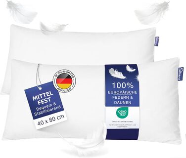 Clemens Down Pillow 2-Pack 40x80 cm Medium Firmness (900g) High-Quality European Feathers 85% & Down 15% Made in Germany, 2-Pack Pillows for Back & Side Sleepers - Down Feather Pillow Set Medium Firmness SET 40 x 80 cm