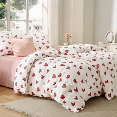 BEDSURE Комплект постільної білизни 135x200 см, 4-х частинний (2 наволочки 80x80 см), з принтом сердечок, червоний, ÖKO-TEX, на блискавці