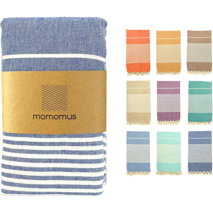 Великий бавовняний рушник для пляжу MOMOMUS Fouta XXL 200x200 см з китицями, синій