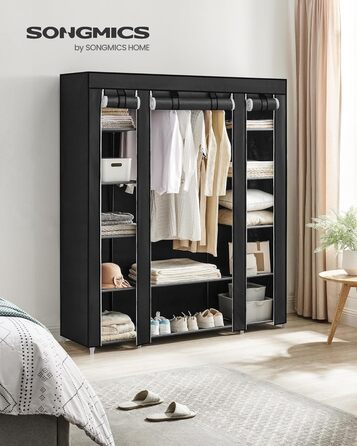 SONGMICS Wardrobe, Fabric Clothes Closet, with Clothes Rail and Shelves, Fabric Cover, for Bedroom, Dressing Room, 150 x 45 x 175 cm, Black LSF03H