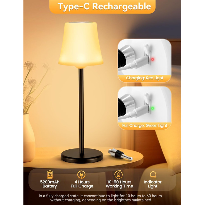 LED настільна лампа акумуляторна 2 шт, біла, IP54, диммування, сенсорне управління, для ресторанів, спальні