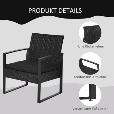 Набір садових меблів Outsunny з ротангу Polyrattan на 2 особи, меблі для балкона з подушками, чорного кольору, стійкі до погодних умов та сучасного дизайну для тераси та саду