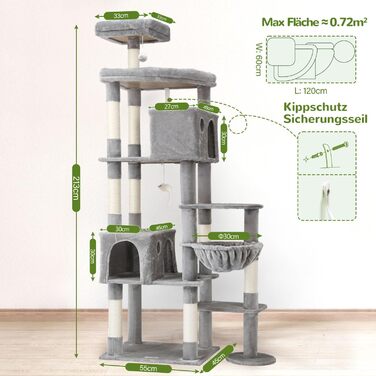 Драбина-будинок для котів Globlazer XXL (213 см), сірий, з 2 будиночками, великою платформою, м'якими стійками, кошиком, для великих котів (Maine Coon)