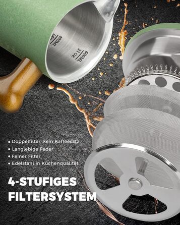 Френч-прес Poliviar 1 л / 8 чашок, з подвійними стінками, ізольований, для кави та чаю, з дерев'яною ручкою, Flatland (зелений)