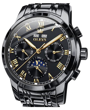 Чоловічий механічний годинник OLEVS 6692 з автопідзаводом: золотистий корпус, чорний циферблат та ремінець, фаза місяця, водонепроникний, люкс бізнес-стиль