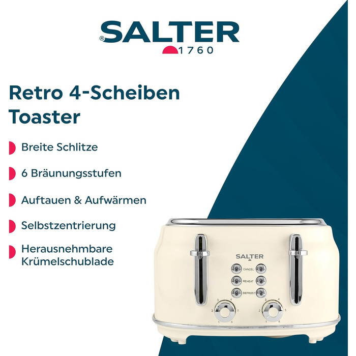 Тостер Salter Retro 4-х секційний, 1,7 л, 3 кВт, кремовий колір, з фільтром від накипу, бездротовий, з індикатором рівня води та процесу приготування, захист від пересихання та автовимкнення