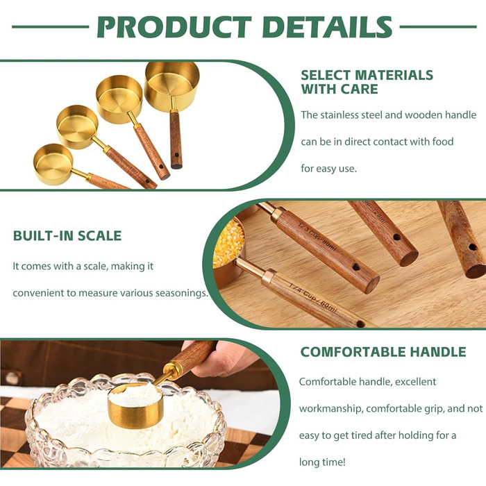 Набір мірних стаканів та ложок з нержавіючої сталі золотого кольору з дерев'яною ручкою, 8 шт. - для вимірювання сухих та рідких інгредієнтів (60мл - 250мл), для кухні та випічки