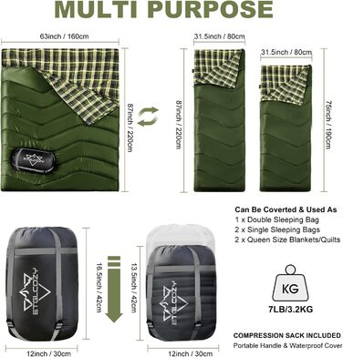Сплячий мішок двомісний ETGLCOZY для дорослих та дітей, XL Queen Size, 220*160 см, для кемпінгу, походів, хайкінгу, водонепроникний, з компресійним мішком (зелений)