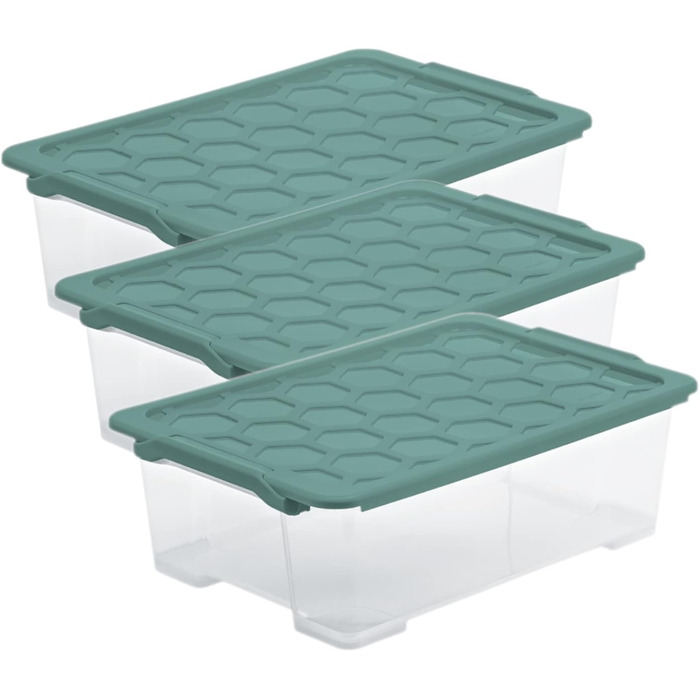 Rotho Evo Safe Keeping Storage Boxes with Lid, Plastic, Turquoise/Transparent (30l, 3-Piece Set)