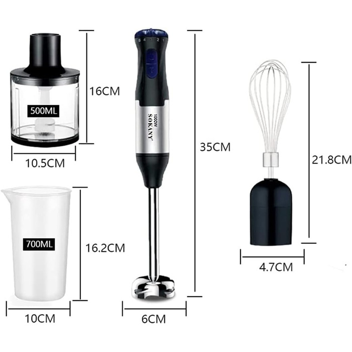SOKANY Stabmixer 1000W: 4-в-1 блендер для супів, смузі та дитячого харчування. Зеркало, міксер, вінчик, чаша-мірна склянка