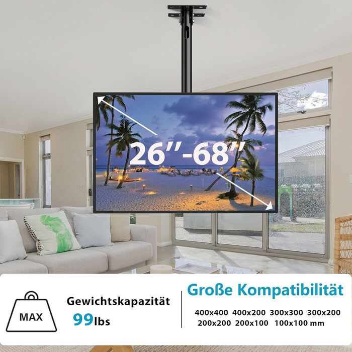 Кронштейн для телевізора на стелю 26-68 дюймів, поворотний, нахильний, до 45 кг, VESA 400x400, регульована висота
